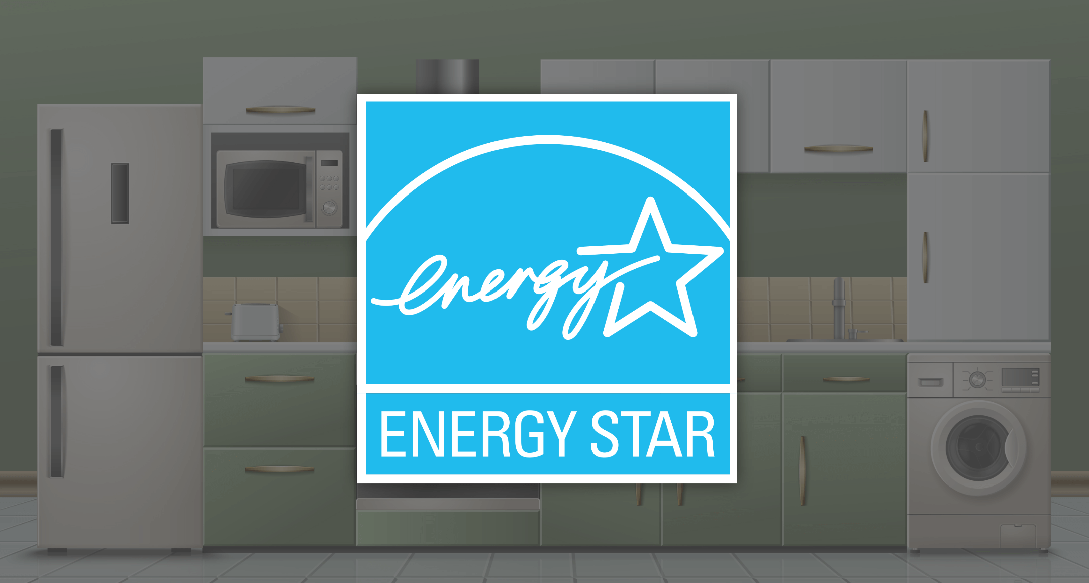 an image displaying all the necessary home appliances and the symbol of Energy Star organization which gives efficiency ratings in the USA