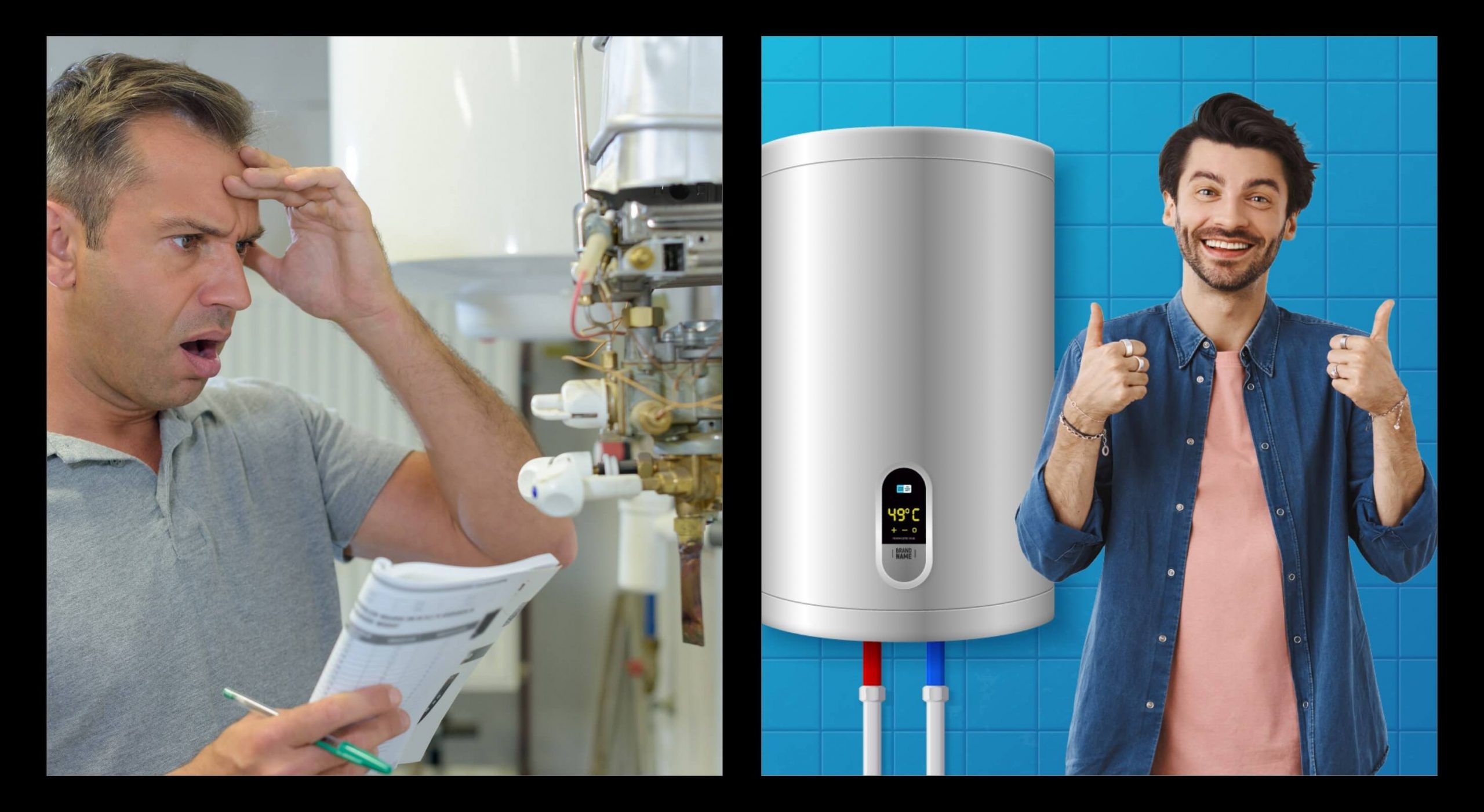 an image depicting the person who's struggling with frequent water heater breakdowns and is another person who's happy one his water heater is replaced.