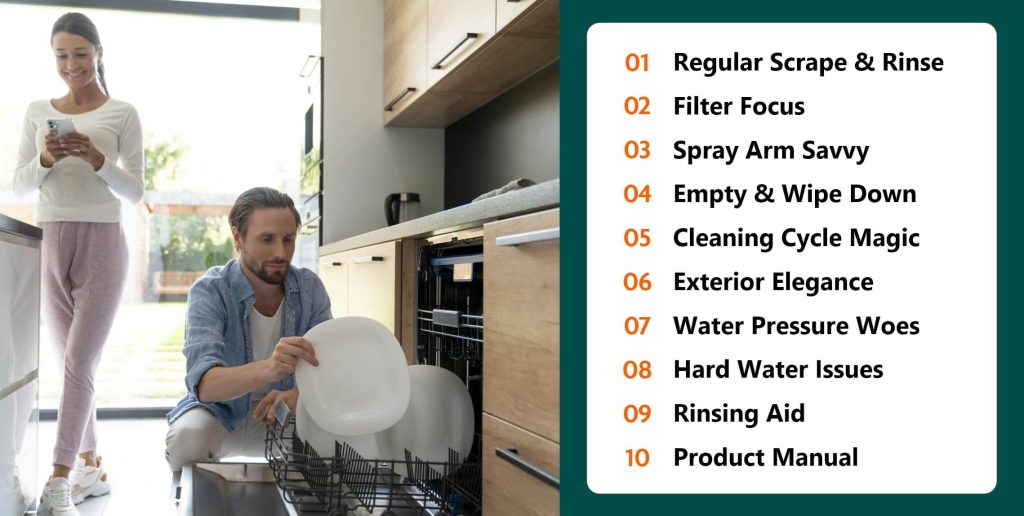 an infographic which informs about the general maintenance tips for the dishwasher