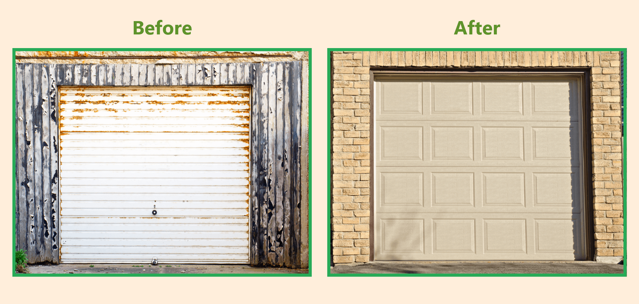 Image Depicting A Before & After Garage Door Replacement