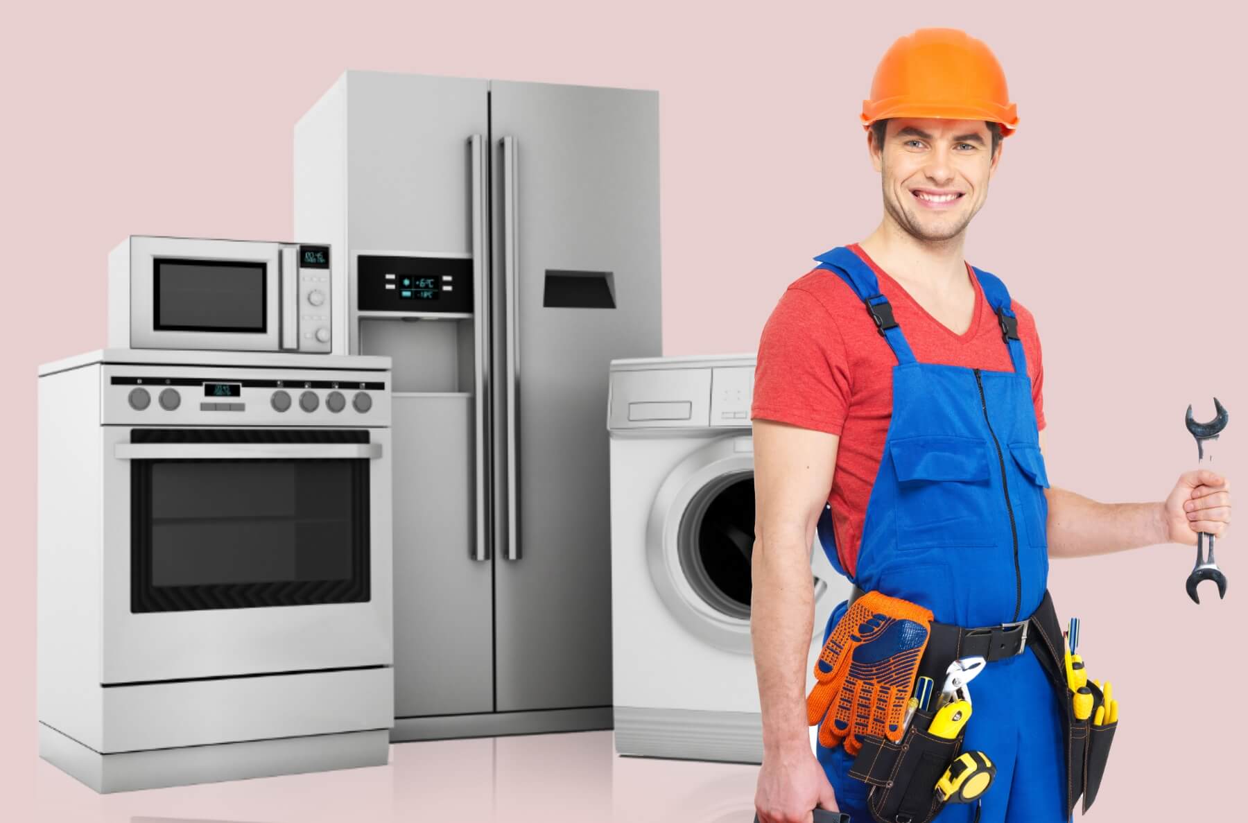 an image representing the major home appliances and a technician repairing it.